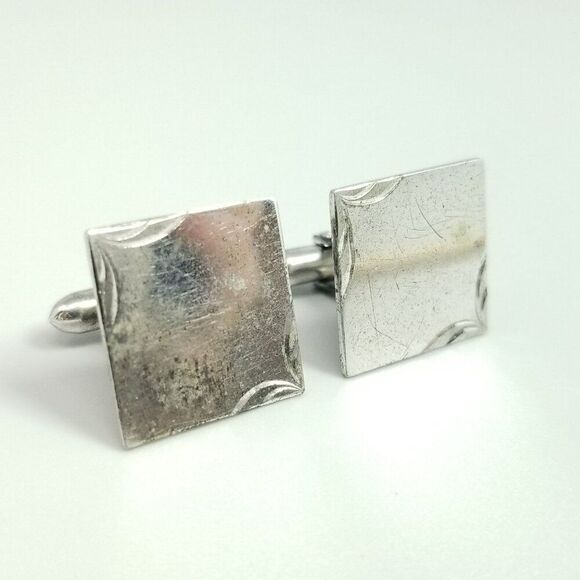 Vintage LaMode Sterling Silver Square Etched Bullet Back Cufflinks, Estate - Picture 1 of 8